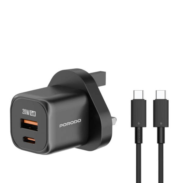 Porodo dual port PD 20W USB QC3.0 UK Fast Charger / With C to Lightning Cable / With C to C Cable - Black